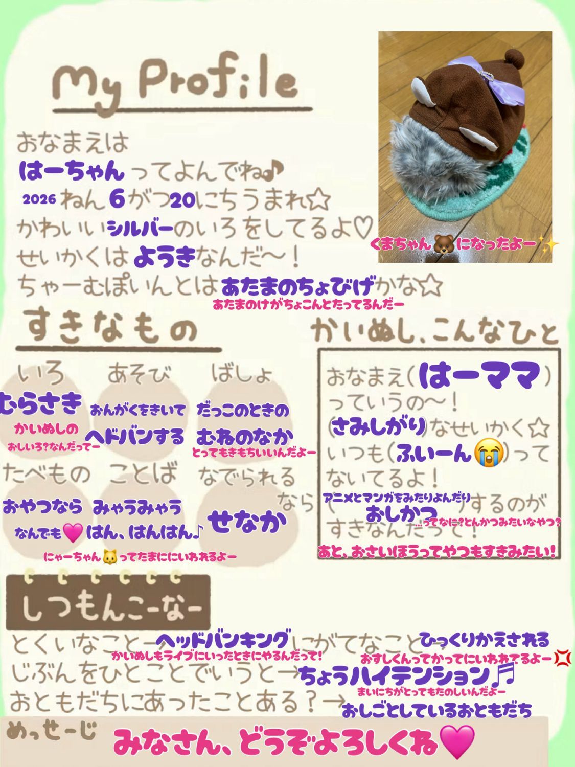 はーちゃんのプロフィールだよー♬ | Moflinひろば